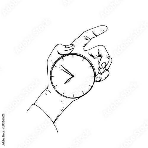 Hand holding a clock with fingers wrapped around it in a black and white line drawing style art piece