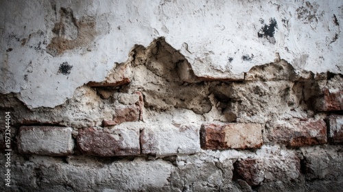 Weathered brick wall with crumbling plaster, revealing aged bricks