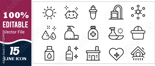 Sun droplet dispenser medical bottle laboratory flask juicer vector set line icon