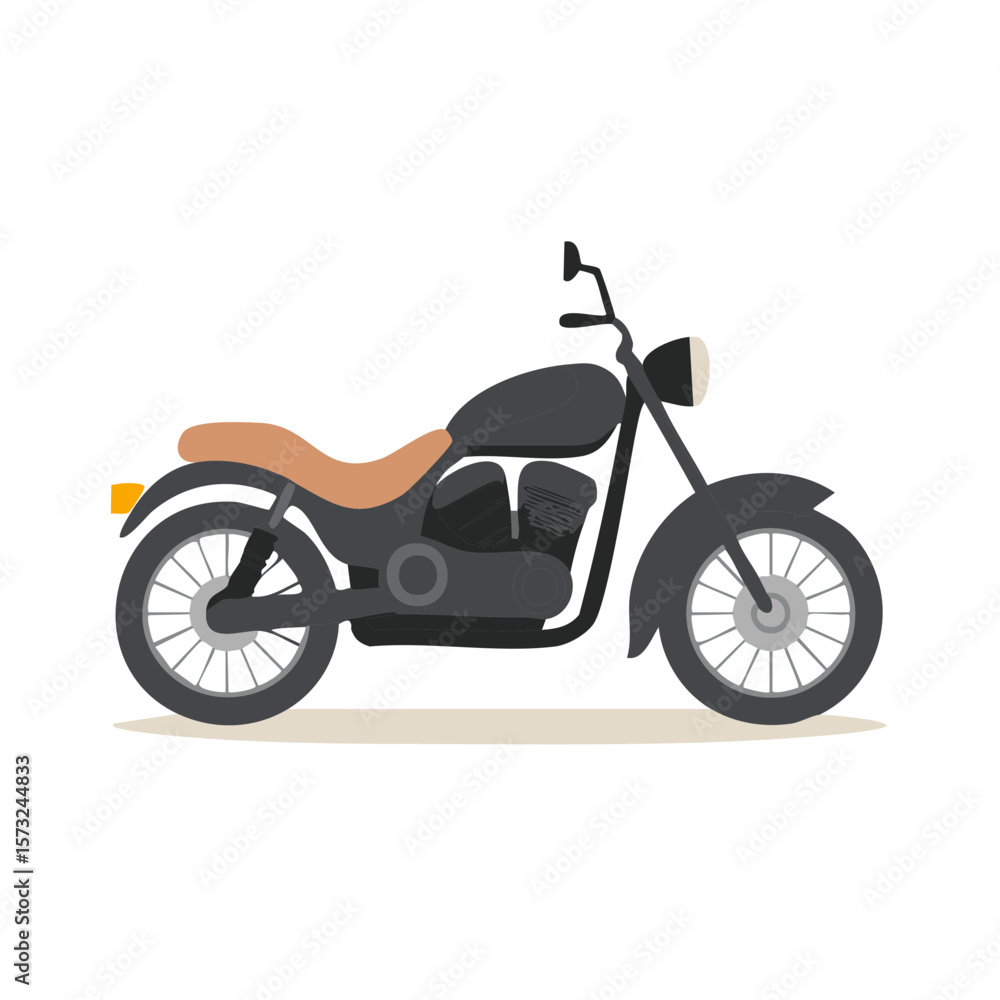 Fototapeta premium Stylized gray motorcycle with tan seat rides along a dusty road in a modern flat vector illustration, capturing freedom and adventure