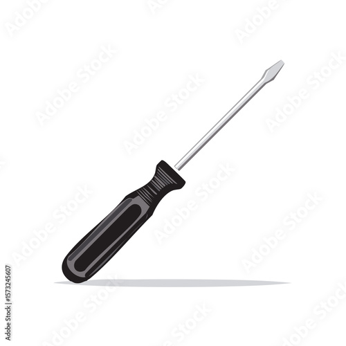 Isolated Flathead Screwdriver with Black Plastic Handle for Construction or Repair Tasks
