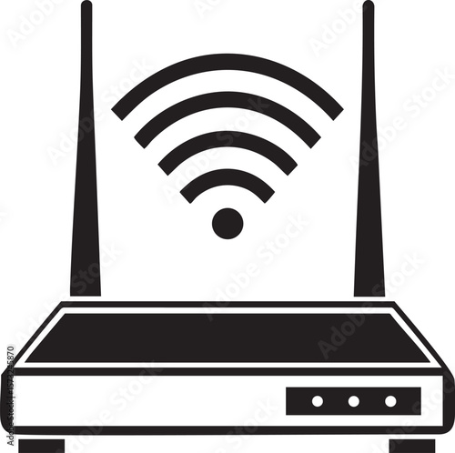 Black wireless router icon with antennas and wifi signal waves isolated on transparent background