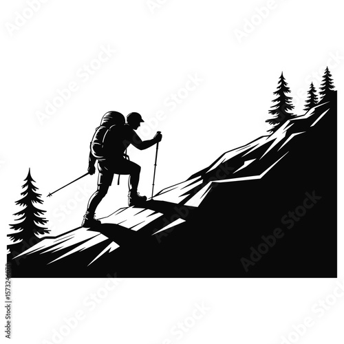 Hiker with backpack and poles climbing steep rocky mountain silhouette