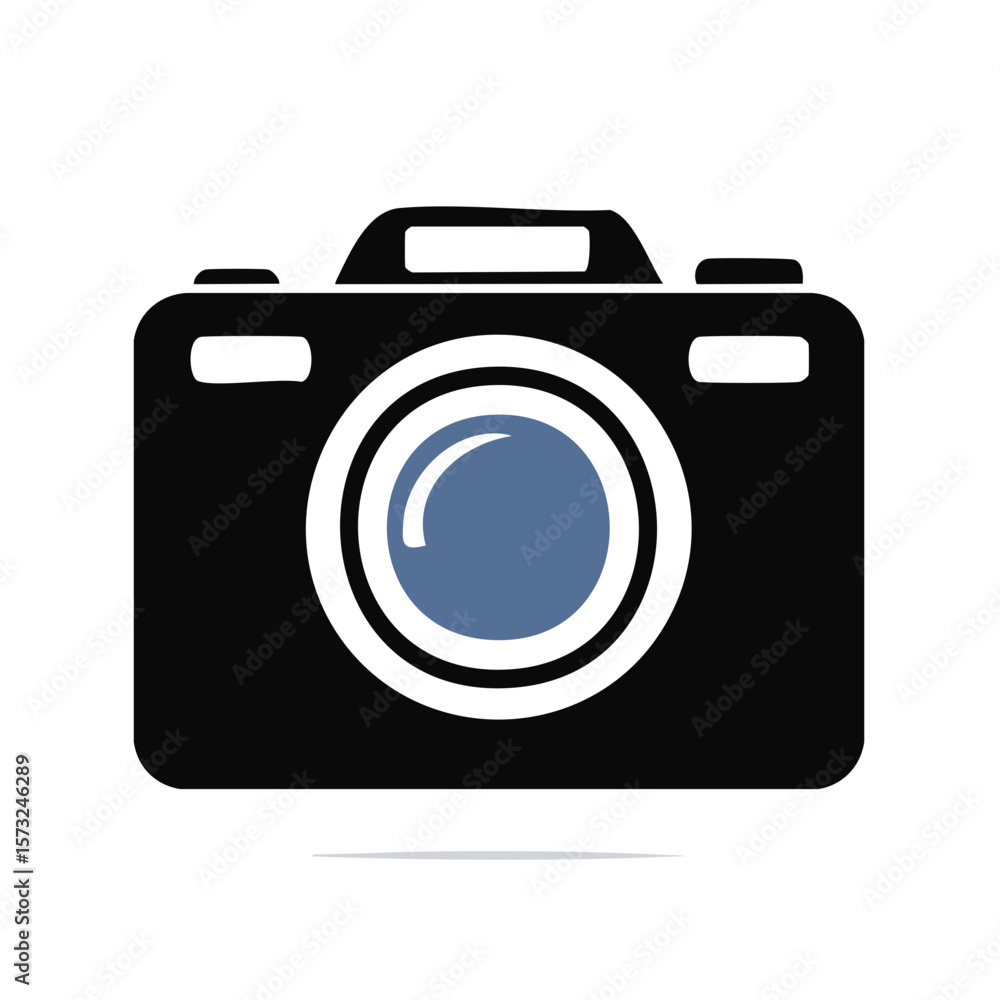 Camera vector illustration, black and blue lens, simple style photography equipment Camera vector illustration, black and blue lens, simple style photography equipment