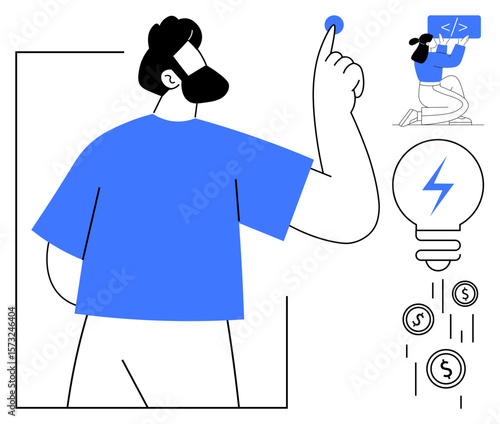 Man pressing a button, woman coding, lightbulb with energy icon, coins dropping. Ideal for creativity, coding, innovation, startup, brainstorming energy efficiency simple landing page