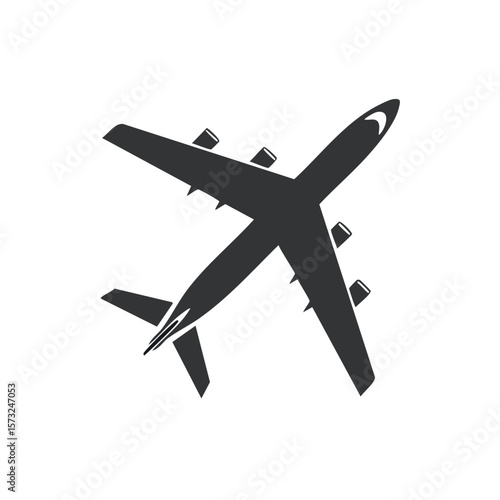 Airplane Silhouette Flying Vector on a White Background: Commercial Jet Aircraft Symbol in Dark Gray Color
