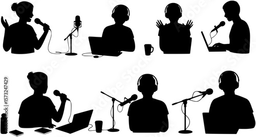 vector silhouette of a blogger hosting a podcast on a white background 