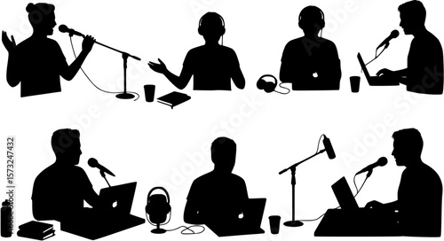 vector silhouette of a blogger hosting a podcast on a white background . Generative AI
