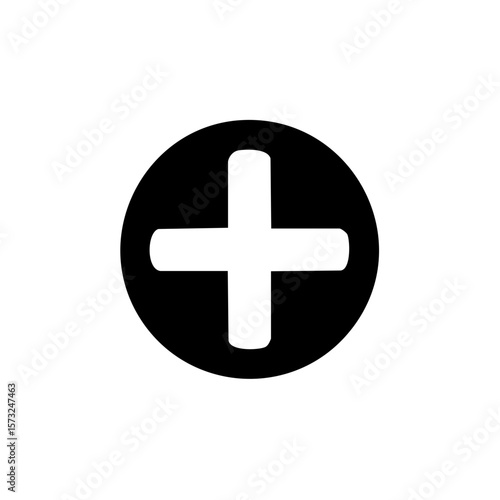 Black circle with plus sign icon for medical cross, addition, add or math symbol