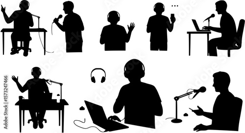 vector silhouette of a blogger hosting a podcast on a white background . Generative AI
