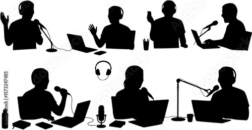 vector silhouette of a blogger hosting a podcast on a white background . Generative AI
