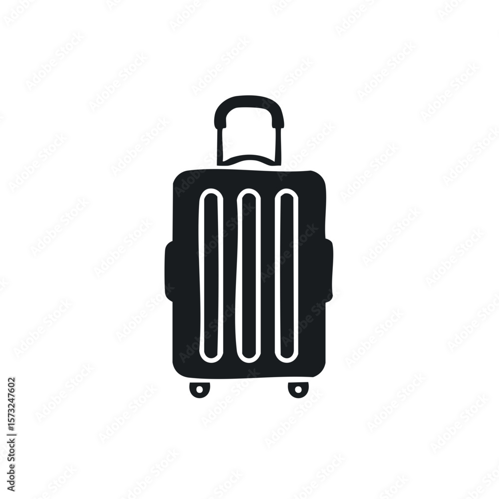 Stylized Black and White Luggage Icon with Wheels and Retractable Handle Stylized Black and White Luggage Icon with Wheels and Retractable Handle