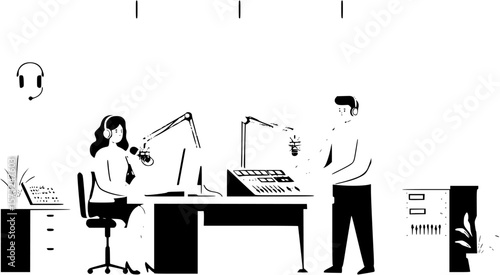 Two people in a radio broadcasting studio, showcasing the concept of news broadcasting. Vector flat illustration
