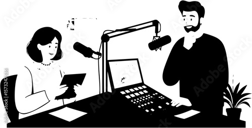 Two people in a radio broadcasting studio, showcasing the concept of news broadcasting. Vector flat illustration
