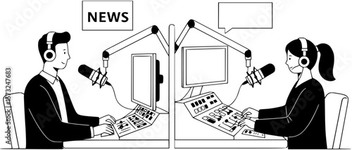 Two people in a radio broadcasting studio, showcasing the concept of news broadcasting. Vector flat illustration
