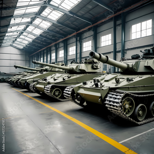 Military tanks lined up in a factory, symbolizing strength and industrial prowess 