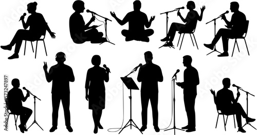 vector silhouette of a blogger hosting a podcast on a white background 