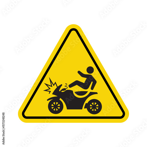 Yellow triangular warning sign depicting a motorcycle rider crash with impact symbol for road safety precaution