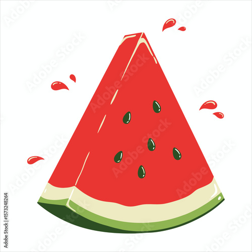 Juicy red watermelon slice with seeds and droplets
