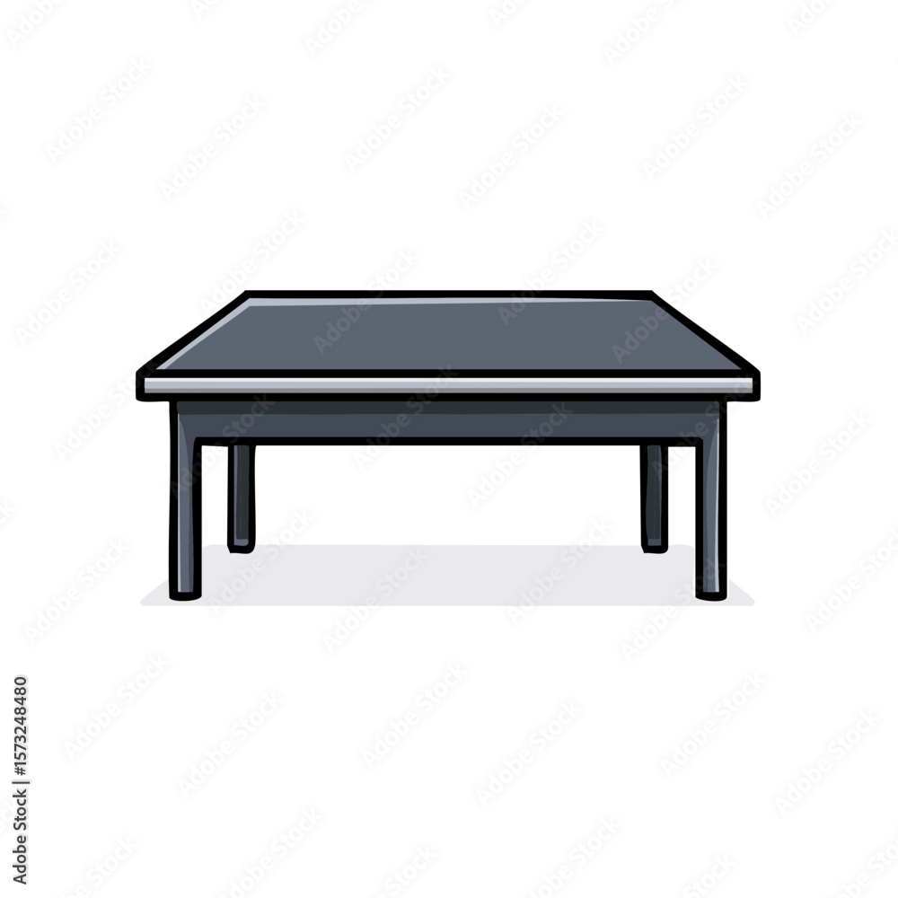 Low rectangular black table on four legs with a gray surface and black outline on a white background Low rectangular black table on four legs with a gray surface and black outline on a white background