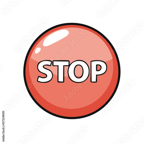 Illustrated Red Stop Button Round Symbol with White Inscription isolated
