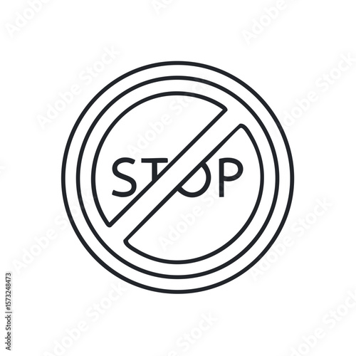 A minimalistic black line art stop sign in a circle with a diagonal line striking through the word against a plain white background