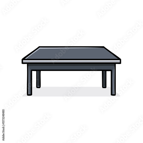 Low rectangular black table on four legs with a gray surface and black outline on a white background