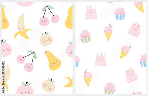 Cute Seamless Vector Pattern With Happy Fruits And Sweets. Hand Drawn Irregular Print With Apples, Pears, Cherries, Bananas, Cakes And Ice Creams On A White Background. Childish Style Kawaii Design.