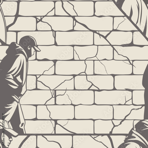 Urban Street Art Seamless Pattern: Seamless urban pattern combining cracked brick walls and street silhouettes, ideal for edgy designs, streetwear backgrounds, and urban-themed digital art.