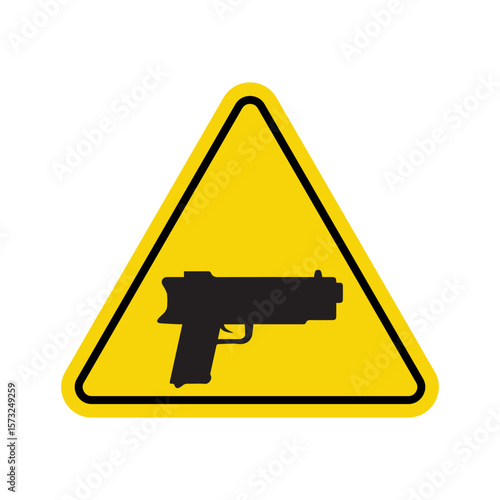 Yellow triangular warning sign with black silhouette of a handgun symbolizing firearm safety and security hazard