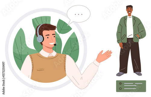 Customer service agent with a headset interacts with a smiling client. Ideal for communication, support services, customer care, relationship building, remote work, business interaction, and teamwork