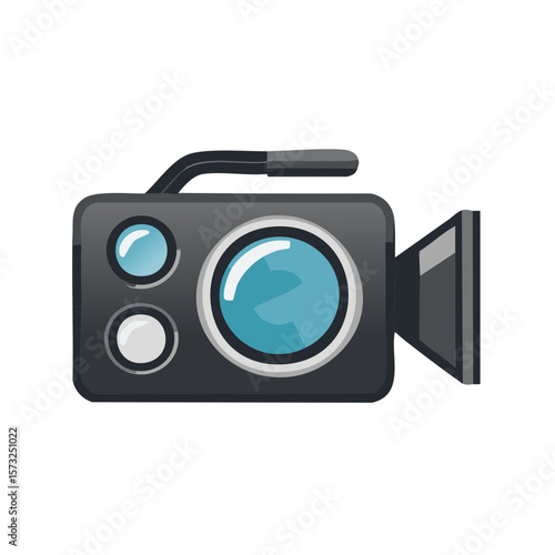 Video Camera Recorder Illustration, Black Casing with Blue Lens and Spotlight