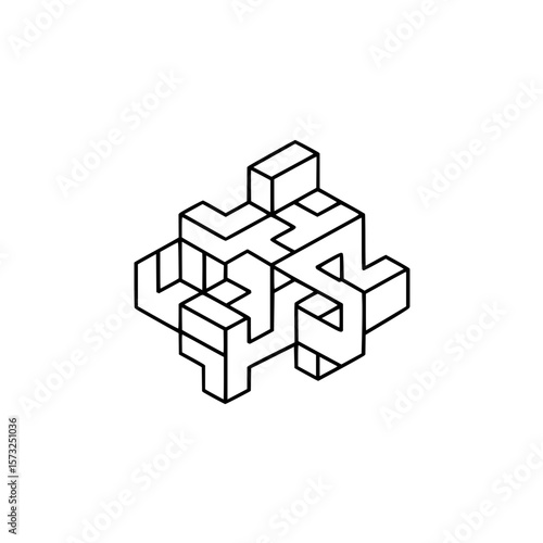 Isometric representation of a complex geometric structure with interlocking rectangular shapes in black outline