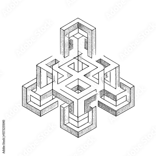 Isometric drawing of an abstract geometric structure with interconnected cubes and rectangular shapes