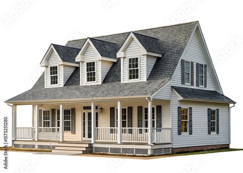 A charming white house with a gray roof and inviting front porch, isolated on white background, showcasing classic american suburban architecture