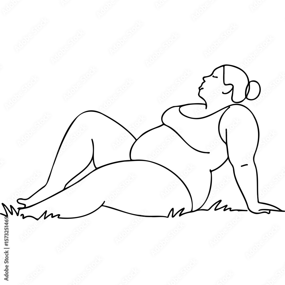Obraz premium Plus size woman relaxing on grass in a simple line drawing 