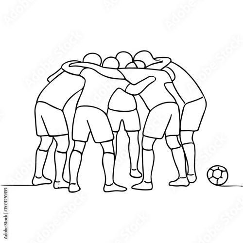 Team of soccer players huddling together before kickoff in outline style  
