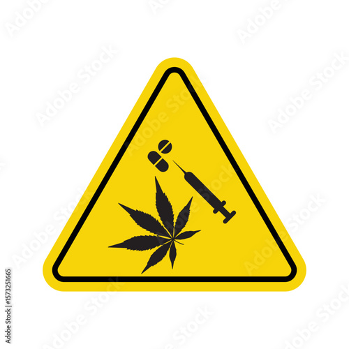 Yellow triangular warning sign with black marijuana and syringe symbols for health and safety hazard notice