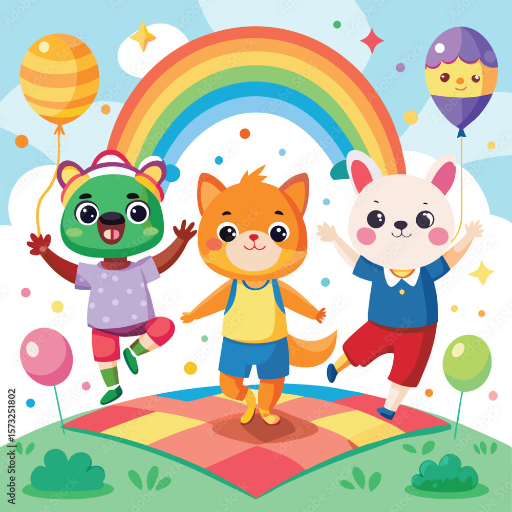 Obraz premium Joyful Animal Kids Jumping Jacks Rainbow Fun Illustration