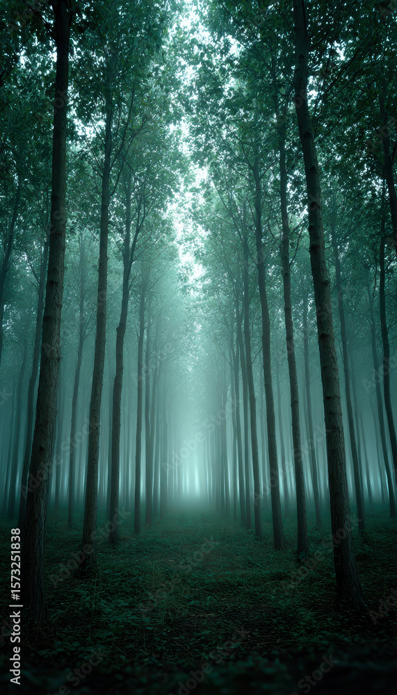 Naklejka premium Dense woodland in morning fog creates serene and mysterious atmosphere, inviting exploration and reflection