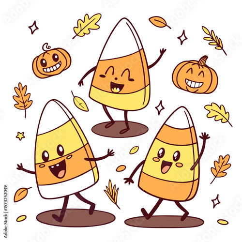 Cartoon illustration featuring three candy corn characters, pumpkins, and autumn leaves in a playful design