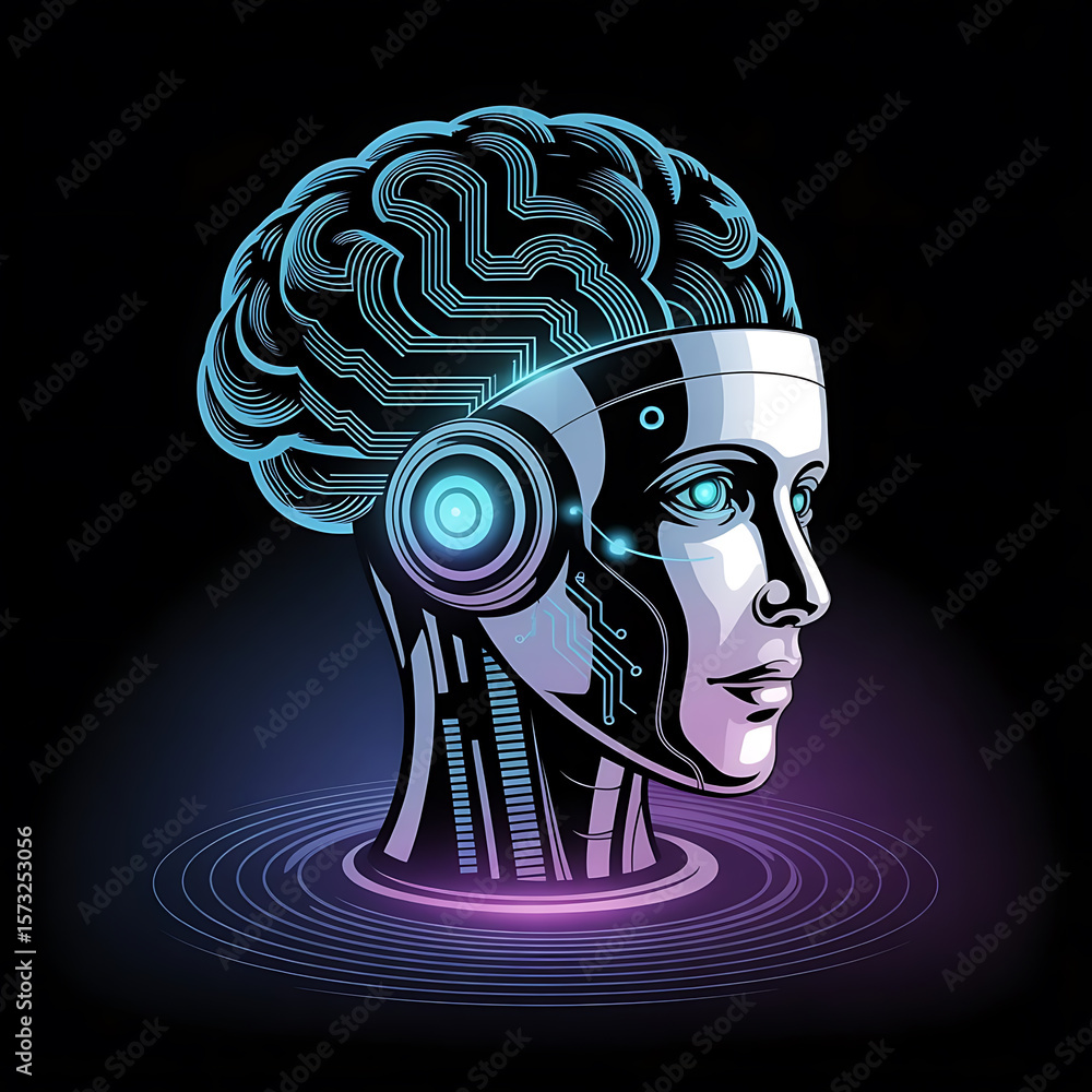 Obraz premium Futuristic AI Brain and Robot Face Icons