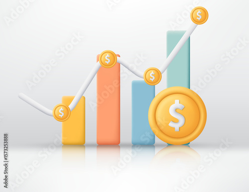 3D Dollar coin with chart icon. Exchange rate, currency rising and falling. Business, investment concept. Profits and expanding economy. Minimalist cartoon icon. Trendy and modern vector in 3D style.