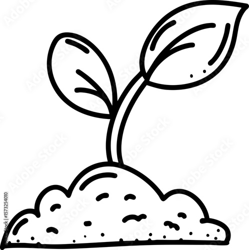 Wellness retreats concept. Seedling sprouting from soil, symbolizing growth and renewal. Hand-drawn outline icon