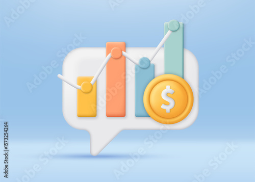 3D chart and dollar coin on speech bubble icon. Exchange rate, currency rising and falling. Business, investment concept. Profits and expanding economy. Trendy and modern vector in 3D style.