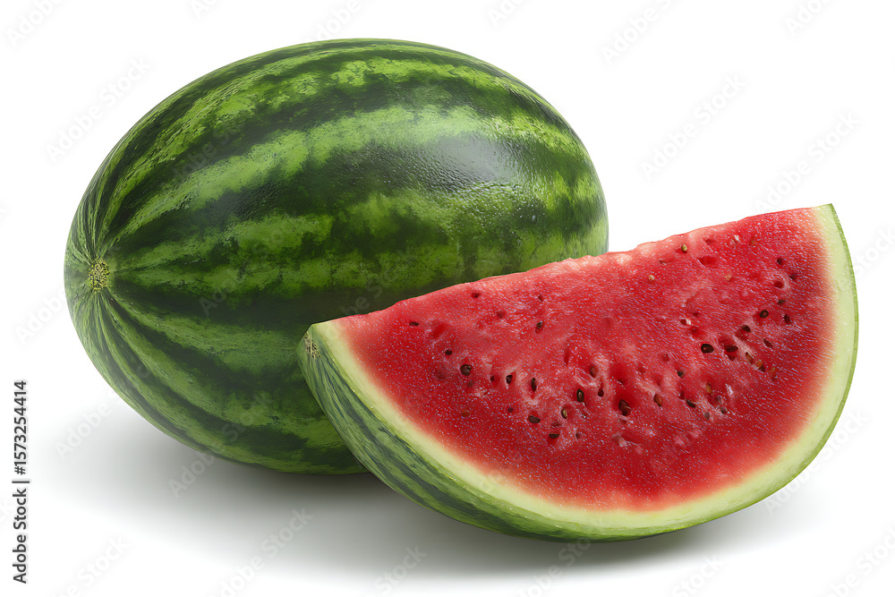 A whole watermelon and a juicy red slice isolated on a bright white background showcasing the vibrant green rind and the deep red flesh with A whole watermelon and a juicy red slice isolated on a bright white background showcasing the vibrant green rind and the deep red flesh with