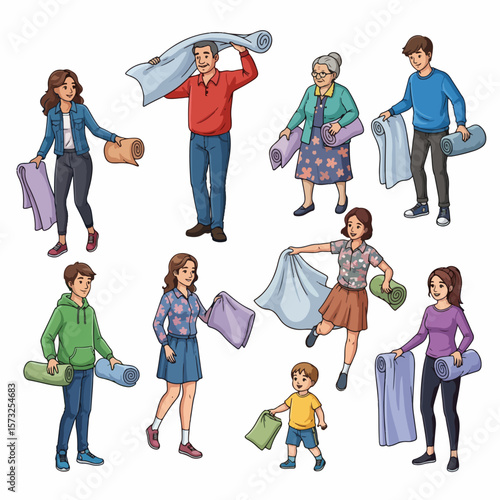 Family folding linens bedding household chores domestic scene