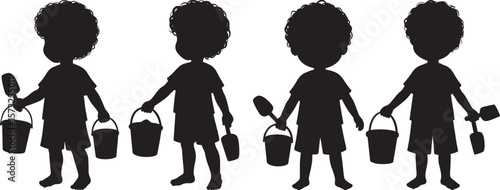 Little Boy Holding Bucket And Scoop Cartoon silhouette
