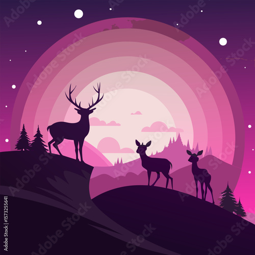 Composition of a circle an with elk staying on the top of the mountain
