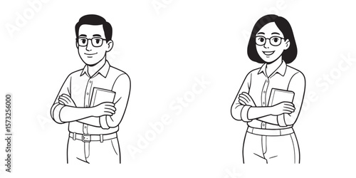 Educational teacher character pair cartoon style with confident pose and academic look illustration